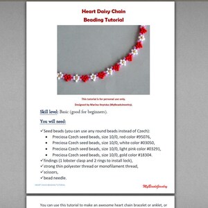 Peut inclure: Tutoriel de perlage pour r&eacute;aliser un bracelet ou un bracelet de cheville en forme de cha&icirc;ne de marguerites en forme de c&oelig;ur. Le tutoriel comprend une liste des mat&eacute;riaux n&eacute;cessaires, notamment des perles de rocaille de couleur rouge, blanche, rose clair et dor&eacute;e, un fermoir &agrave; homard, des anneaux, du fil, des ciseaux et une aiguille &agrave; perles.
