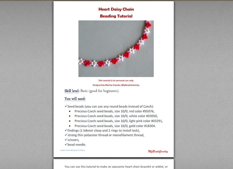 Peut inclure: Tutoriel de perlage pour r&eacute;aliser un bracelet ou un bracelet de cheville en forme de cha&icirc;ne de marguerites en forme de c&oelig;ur. Le tutoriel comprend une liste des mat&eacute;riaux n&eacute;cessaires, notamment des perles de rocaille de couleur rouge, blanche, rose clair et dor&eacute;e, un fermoir &agrave; homard, des anneaux, du fil, des ciseaux et une aiguille &agrave; perles.