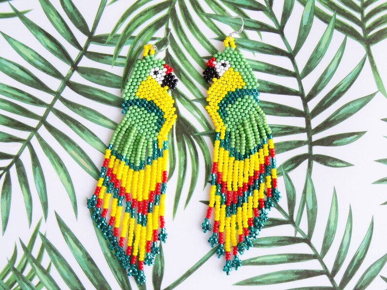 Colorful Parrot Earrings Beaded Long Green Bird Earrings Etsy