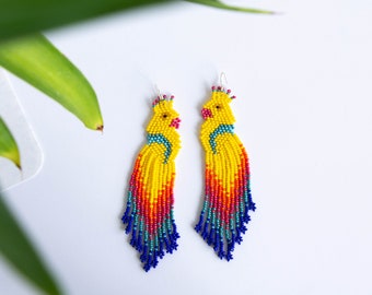 Yellow parrot earrings, cute beaded bird, very long earrings, seed bead jewelry, creative beadwork, Tropical Beach Boho summer gift for her
