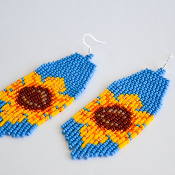 Beaded fringe earrings Sunflower Yellow Blue Ukrainian flag Seed bead earrings, Stop War in Ukraine Contemporary gift for her daisy earring