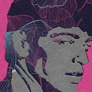 May include: A silver-colored portrait of a person with a dark blue and pink patterned background. The portrait is cut out and placed on a pink background with white circles.