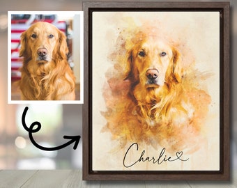 May include: A watercolor painting of a golden retriever dog with the name "Charlie" written below. The dog is looking directly at the viewer with a soft, gentle expression. The background is a soft yellow and orange watercolor wash.