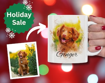 May include: White ceramic mug with a watercolor illustration of a brown dog with the name "Ginger" printed below the image.