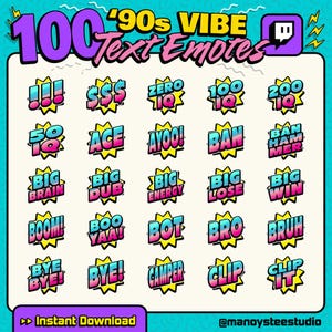 100 90s-vibe text emotes for streaming / premade emotes / twitch text emotes / discord youtube emotes / gg / lol / wtf / omg / blue / pink
