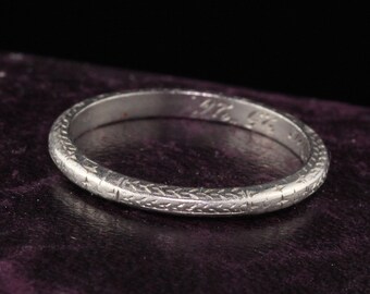 Circa 1926 - Antique Art Deco Platinum Engraved Wedding Band - Size 4.75