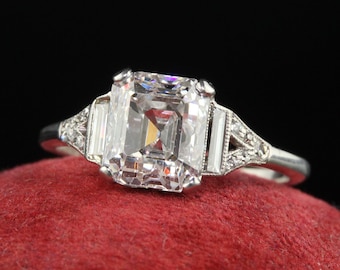 Antique Art Deco Platinum Old Emerald Cut Diamond Baguette Engagement Ring - GIA