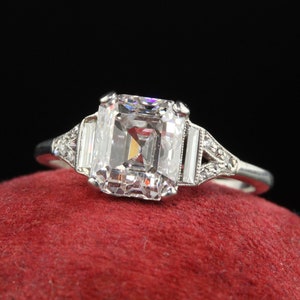 Antique Art Deco Platinum Old Emerald Cut Diamond Baguette Engagement Ring - GIA
