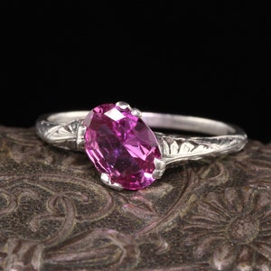 Antique Art Deco Platinum Oval Pink Sapphire Filigree Engagement Ring - AGL