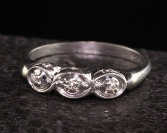 Vintage Estate 14K White Gold Single Cut Diamond Wedding Band - Size 6 1/4
