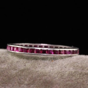 Antique Art Deco Platinum Square Cut Ruby Eternity Band - Size 5.5
