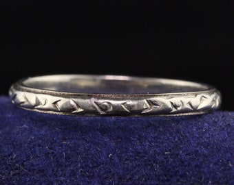 Aliança de casamento gravada em Belais em ouro branco Art Déco antigo 18K - tamanho 6