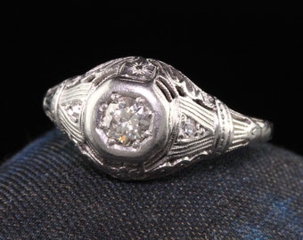Antique Art Deco Platinum Old European Diamond Filigree Engagement Ring