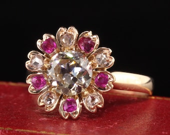 Antique Victorian 18K Yellow Gold Old European Cut Diamond Flower Engagement Ring