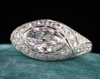 Antique Art Deco Platinum Old Marquise Diamond Filigree Engagement Ring - GIA