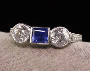 Antique Art Deco Platinum Burma No Heat Sapphire Diamond Three Stone Ring - GIA/AGL