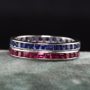 Antikes Art Deco 14K Weißgold Rubin und Saphir Eternity Band - Größe 3,75