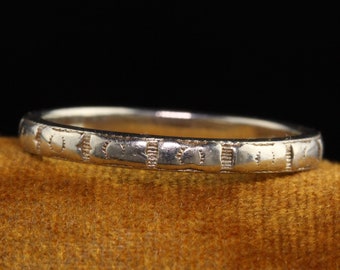 Aliança de casamento gravada em ouro branco 18K Art Déco antigo - tamanho 8