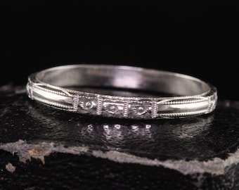 Aliança de casamento gravada em flor de ouro branco 18K Art Déco antigo - tamanho 5,75