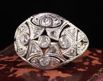 Art Deco 18K Yellow Gold Platinum Top Old European Diamond Ring