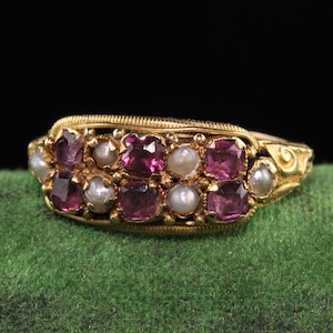 Antique Victorian 14K Yellow Gold English Garnet and Pearl Ring