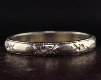 Aliança de casamento gravada em flor de ouro branco 14K Art Déco antigo - tamanho 4,5