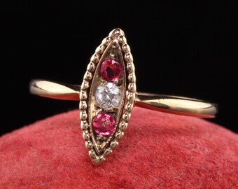 Antique Victorian 10K Rose Gold Diamond and Ruby Navette Ring