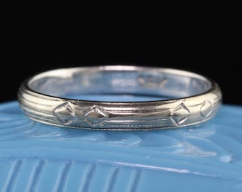 Aliança de casamento antiga Art Déco 18K gravada em ouro branco