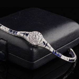 Antique Art Deco Platinum Old European Diamond French Cut Sapphire Bracelet