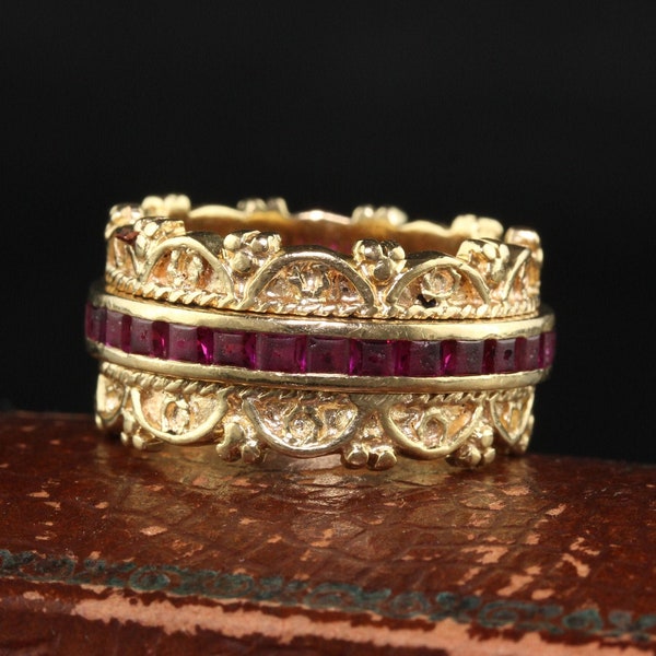 Vintage Estate 14k Yellow Gold Square Cut Ruby Wide Eternity Band - Size 6 1/4