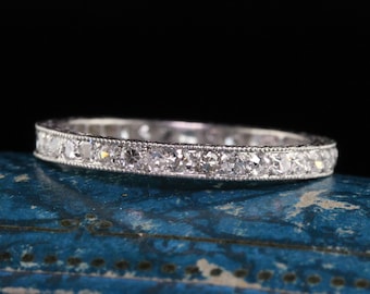 Antique Art Deco Platinum Single Cut Diamond Engraved Wedding Band - Size 6.25