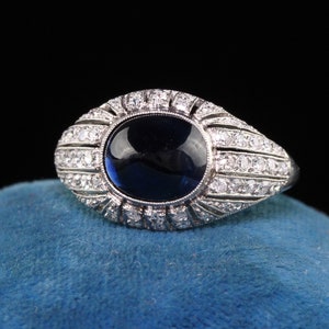 Antique Art Deco Platinum French Sugarloaf Sapphire Diamond Engagement Ring