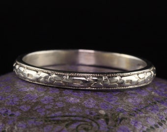 Aliança de casamento gravada em ouro branco 18K Art Déco antigo - tamanho 7,75