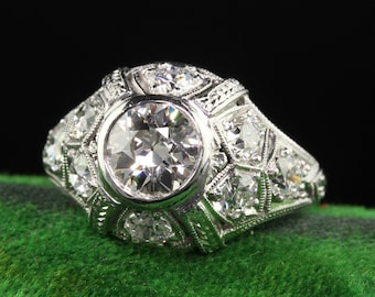 Antieke Art Deco platina oude Europese diamant gegraveerde verlovingsring