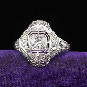 Antique Art Deco Platinum Old European Diamond Filigree Engagement Ring