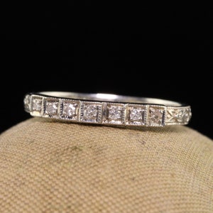 Antique Art Deco 18K White Gold Single Cut Diamond Engraved Wedding Band - Size 4.75