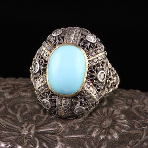 Antique Art Deco 18K Yellow Gold Silver Top Turquoise Cabochon Ring