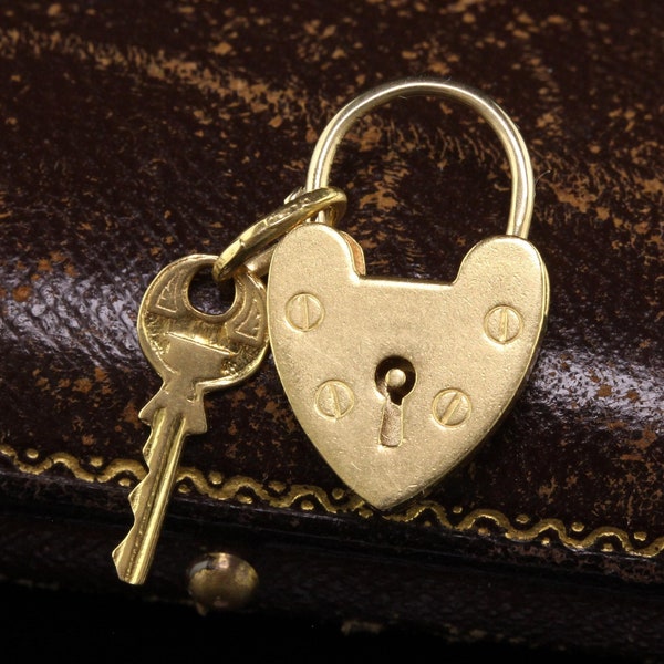 Antique Victorian 18k Yellow Gold Heart Lock and Key Pendant Charm