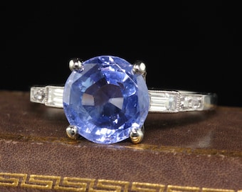 Antiker Art Deco Platin Natürlicher Old Cut Saphir Diamant Verlobungsring - Gia