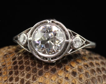 Antique Edwardian Platinum Old European Diamond Filigree Engagement Ring - Gia
