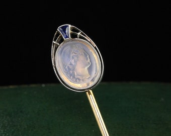 Antique Art Deco 14k Yellow Gold Platinum Carved Moonstone Lady Stick Pin