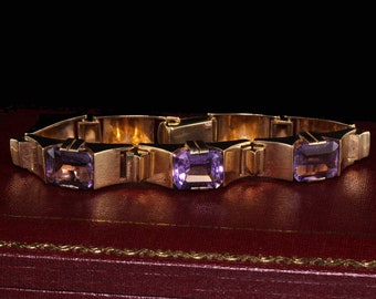 Vintage Retro 14K Yellow Gold Amethyst Bracelet