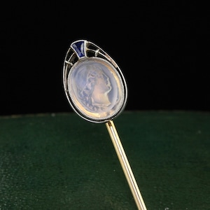 Antique Art Deco 14k Yellow Gold Platinum Carved Moonstone Lady Stick Pin