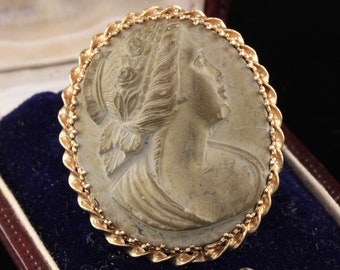 Antique 14K Yellow Gold Cameo Carved Stone Pin - Handmade