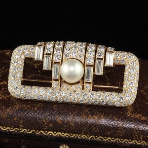 Spilla vintage retrò Cartier in oro giallo 18k con diamanti e perle naturali - Gia