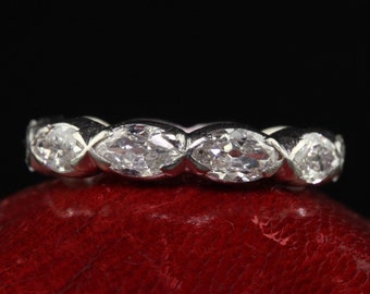 Antique Art Deco Platinum Old Cut Marquise Diamond Eternity Wedding Band - Size 6.75