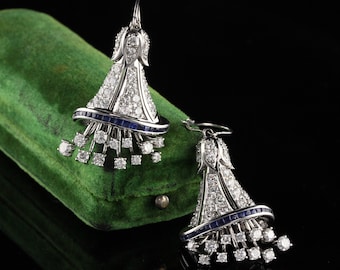 Vintage Estate 18K White Gold Diamond and Sapphire Earrings