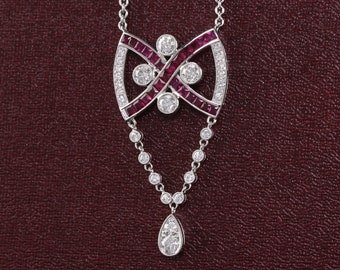 Vintage Estate 18K White Gold Diamond and Ruby Necklace