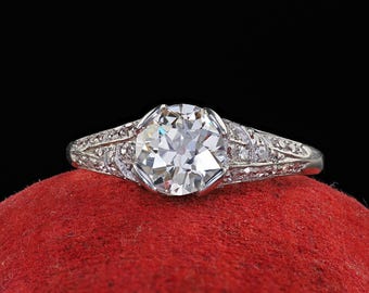 Anillo de compromiso Art Decó antiguo con diamantes de talla europea antigua en platino - Gia