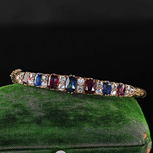 Antique Victorian 14k Yellow Gold Natural Sapphire Ruby and Diamond Bangle - Gia